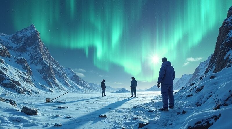 Surreal, malarski krajobraz: zorza polarna nad zniszczoną serwerownią, sylwetki Microsoftu i Google, symbol "Stargate" w śniegu.