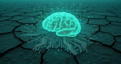 Płyta główna na spękanej ziemi. Cyfrowy mózg z gazu symbolizuje konflikt AI i klimatu.