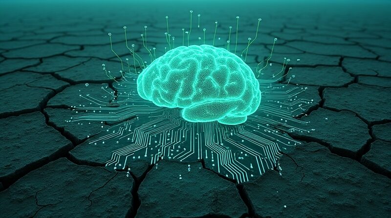 Płyta główna na spękanej ziemi. Cyfrowy mózg z gazu symbolizuje konflikt AI i klimatu.