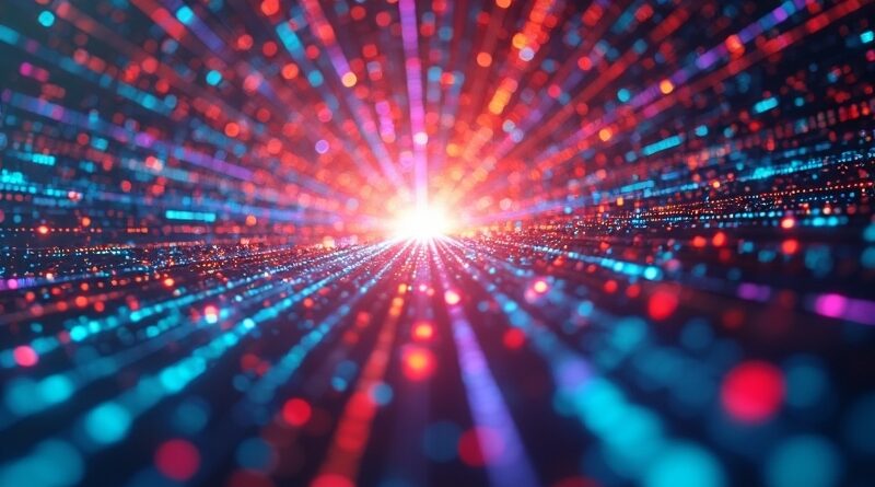 Abstrakcyjna wizualizacja danych przekształcanych przez AI w kreacje wizualne, logo marki w centrum.