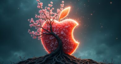 Abstrakcyjne jabłko przeobraża się w kwitnące drzewo z korzeniami z obwodów, symbolizujące zmianę lidera Apple.