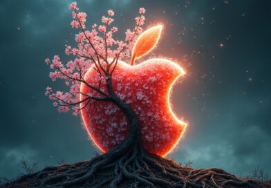 Abstrakcyjne jabłko przeobraża się w kwitnące drzewo z korzeniami z obwodów, symbolizujące zmianę lidera Apple.