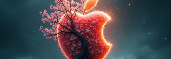 Abstrakcyjne jabłko przeobraża się w kwitnące drzewo z korzeniami z obwodów, symbolizujące zmianę lidera Apple.