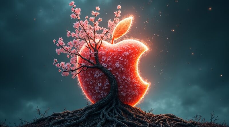 Abstrakcyjne jabłko przeobraża się w kwitnące drzewo z korzeniami z obwodów, symbolizujące zmianę lidera Apple.