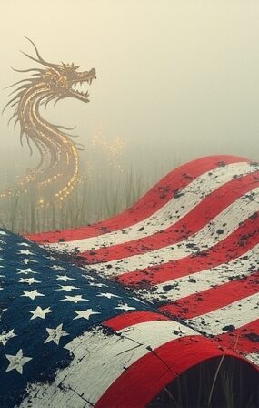 Podarta amerykańska flaga z mikroczipów w ryżowym polu, chiński smok z neonowych znaków.