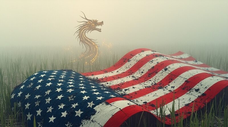 Podarta amerykańska flaga z mikroczipów w ryżowym polu, chiński smok z neonowych znaków.