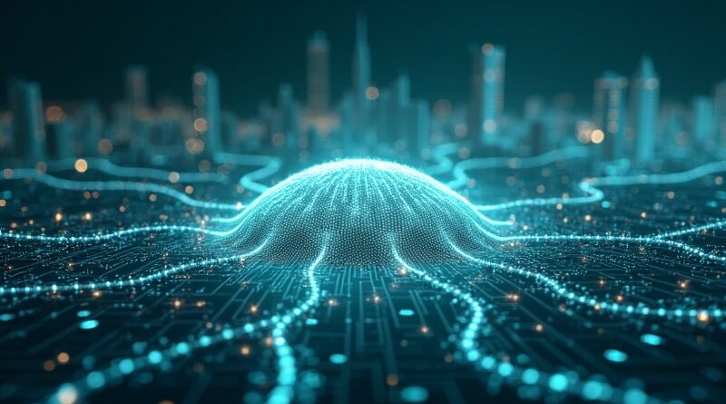 Bioluminescencyjna sieć neuronowa na planie futurystycznej architektury, symbolizuje model SenseNova U1 i architekturę NEO-Unify.