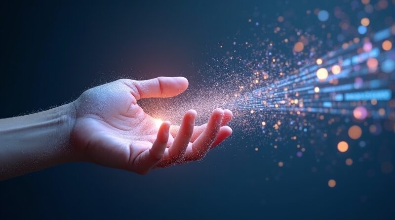 Dłoń rozpadająca się na cząsteczki sięga do holograficznego interfejsu przepływającego w kod AI.