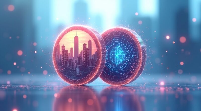 Moneta w locie: chaos miasta kontra uporządkowana siatka danych; przejście do moderacji AI.