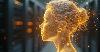 Abstrakcyjna sylwetka człowieka z data streamów, emanująca złotym światłem Claude, symbol autonomicznych agentów AI.