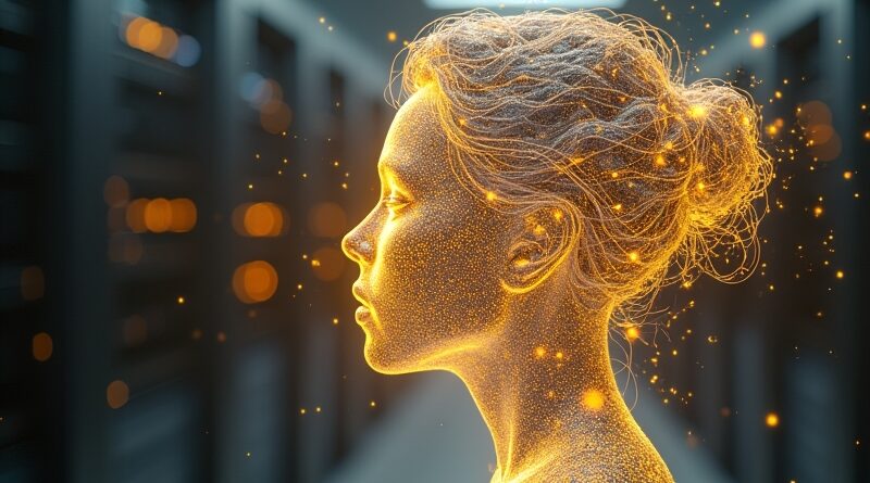 Abstrakcyjna sylwetka człowieka z data streamów, emanująca złotym światłem Claude, symbol autonomicznych agentów AI.