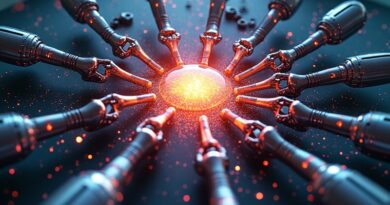 Surrealistyczna wizja AI w robotyce: połączenie kodu, sieci neuronowej i mechanicznych elementów.