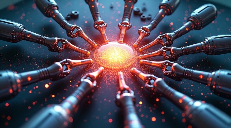 Surrealistyczna wizja AI w robotyce: połączenie kodu, sieci neuronowej i mechanicznych elementów.