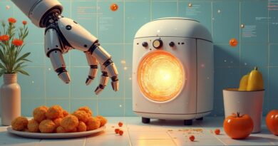 Robotyczne ramię sięga do frytkownicy beztłuszczowej, która wygląda jak portal. Wizja Physical Intelligence.
