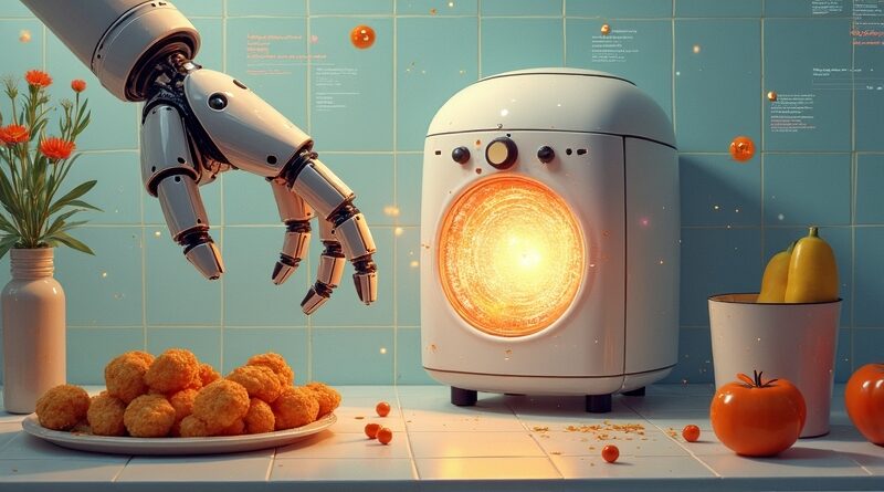 Robotyczne ramię sięga do frytkownicy beztłuszczowej, która wygląda jak portal. Wizja Physical Intelligence.