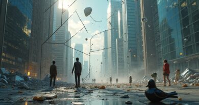 Roztrzaskane lustro odbija chaotyczne miasto; figury próbują je poskładać. Z pęknięć wyłaniają się geometryczne struktury OpenWorldLib.