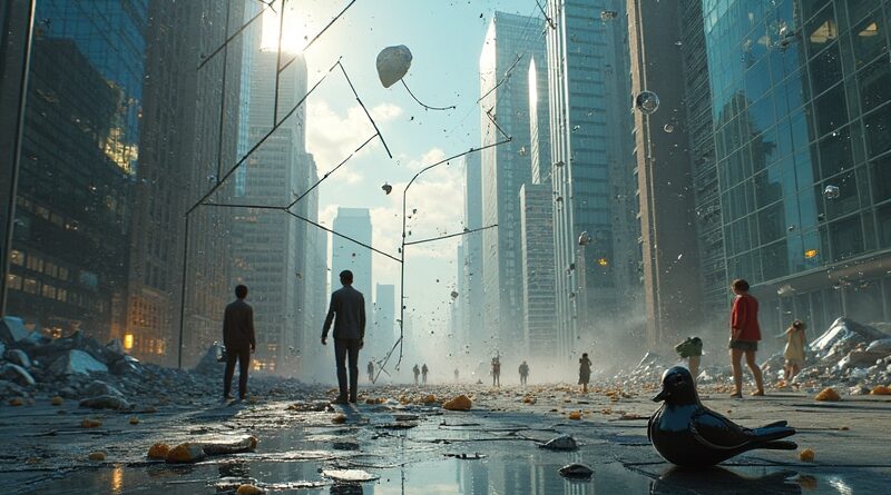 Roztrzaskane lustro odbija chaotyczne miasto; figury próbują je poskładać. Z pęknięć wyłaniają się geometryczne struktury OpenWorldLib.