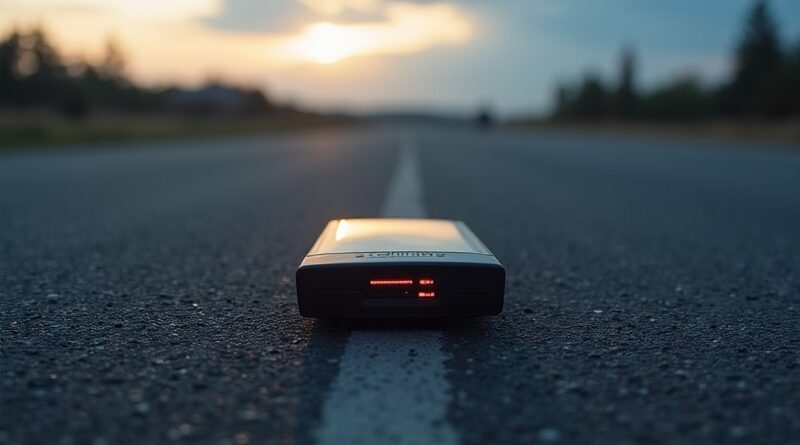 Przenośny starter samochodowy na asfalcie. Minimalistyczna fotografia, halo światła symbolizuje ratunek. Nowoczesność i niezawodność.