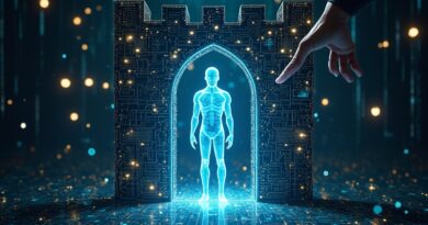 Świetlista postać AI w cyfrowej fortecy chronionej przed ludzką ręką z kluczem - kontrola człowieka.