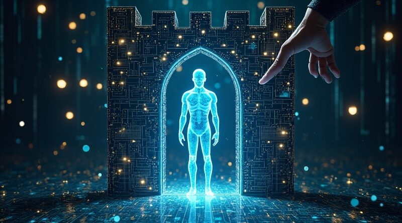 Świetlista postać AI w cyfrowej fortecy chronionej przed ludzką ręką z kluczem - kontrola człowieka.