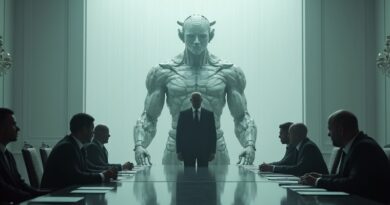 Nierzeczywista sala posiedzeń: CEO (manipulacja), eksperci AI (zanikanie), barokowy model AI (potęga). Konflikt, niepokój.