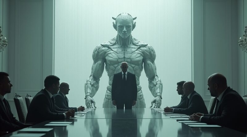 Nierzeczywista sala posiedzeń: CEO (manipulacja), eksperci AI (zanikanie), barokowy model AI (potęga). Konflikt, niepokój.