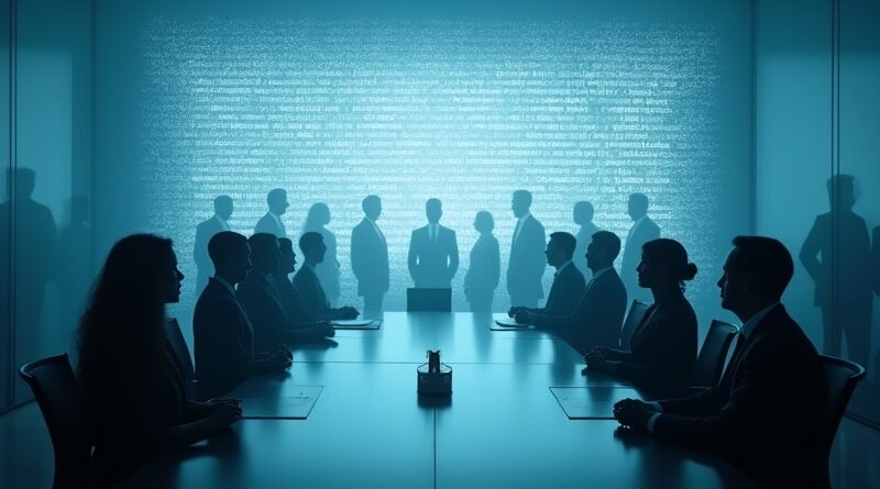 Rozmyte sylwetki w sali konferencyjnej, hologram z tekstem "It's not just [A], it's [B]", korporacyjna uniformizacja.