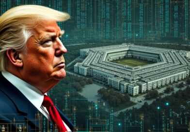 Kolaż cyfrowy: Trump w barokowym portrecie na tle obwodów, banków i ataku cyfrowego na Pentagon.