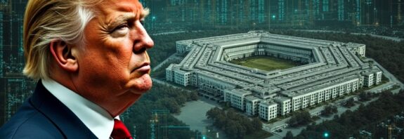 Kolaż cyfrowy: Trump w barokowym portrecie na tle obwodów, banków i ataku cyfrowego na Pentagon.