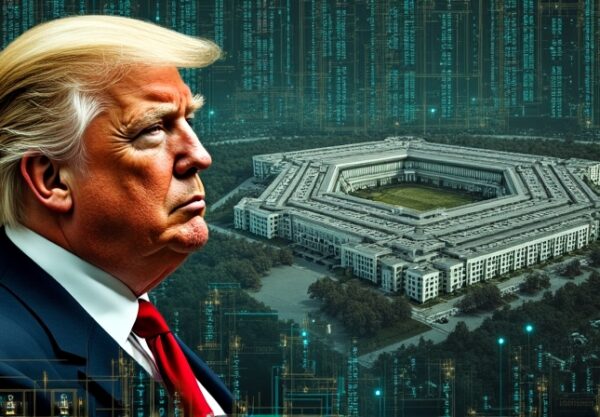 Kolaż cyfrowy: Trump w barokowym portrecie na tle obwodów, banków i ataku cyfrowego na Pentagon.