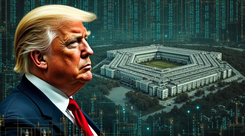 Kolaż cyfrowy: Trump w barokowym portrecie na tle obwodów, banków i ataku cyfrowego na Pentagon.