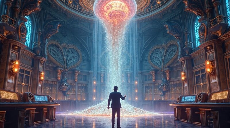 Kontrola nad AI wymyka się spod kontroli. Mężczyzna próbuje zatrzymać kod wypływający z uszkodzonego rdzenia sztucznej inteligencji.