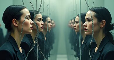 Rozbite lustra odbijają fragmenty twarzy. Symbolizują rozbieżne opinie w ocenach AI. Kryzys replikowalności.