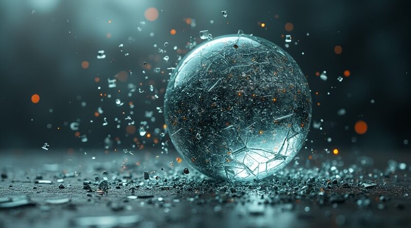 Roztrzaskana sfera "Mercor" zamieniająca się w dolary, symbol kryzysu AI i wycieku danych.