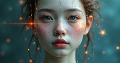 Surrealistyczny portret cyfrowego awatara wyłaniającego się z rozbitego lustra, symbolizujący generowanie w czasie rzeczywistym.
