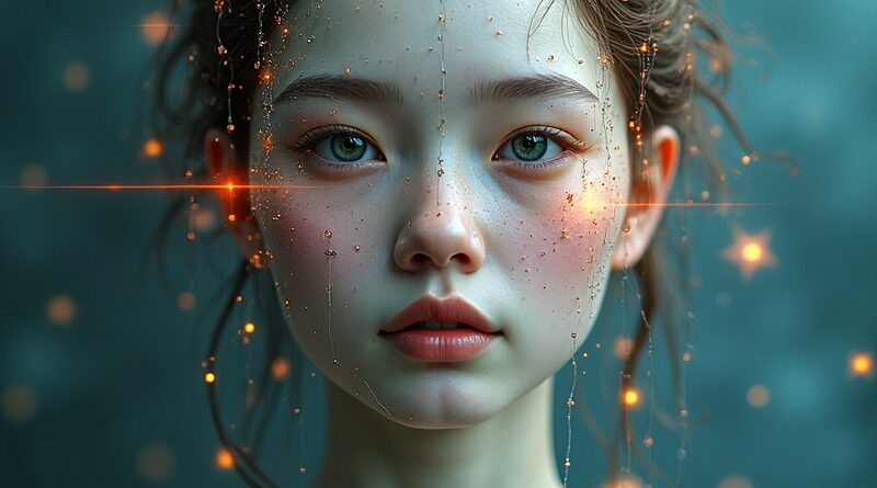 Surrealistyczny portret cyfrowego awatara wyłaniającego się z rozbitego lustra, symbolizujący generowanie w czasie rzeczywistym.