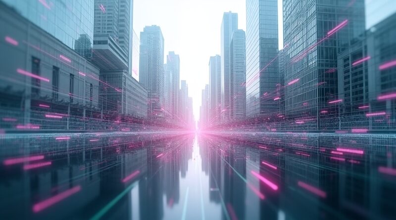 Abstrakcyjne wieżowce przechodzące w kod, z subtelnym napisem "Nie tylko X, ale i Y".