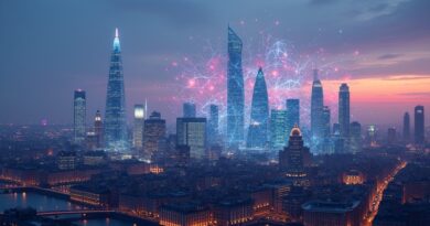 Londyński skyline przyszłości: AI łączy ikony miasta z futurystycznymi strukturami.