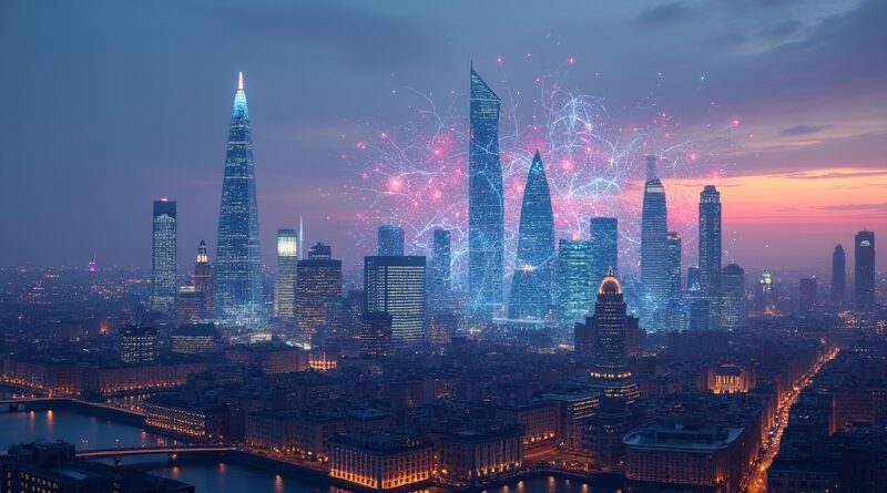 Londyński skyline przyszłości: AI łączy ikony miasta z futurystycznymi strukturami.