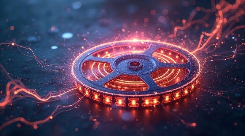 Abstrakcyjna wizja taśmy filmowej splecionej z siecią neuronową, w jaskrawych barwach, symbolizująca fuzję filmu i AI.