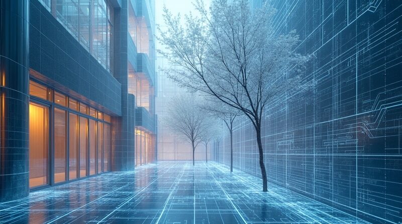 Dynamiczna, cyfrowa mozaika planów architektonicznych reagująca na głos. Futurystyczny projekt wspomagany przez AI.