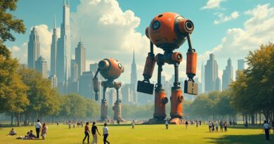 Steampunkowe roboty-wieżowce z teczkami rzucają cień na park z rodzinami w utopijnym mieście.