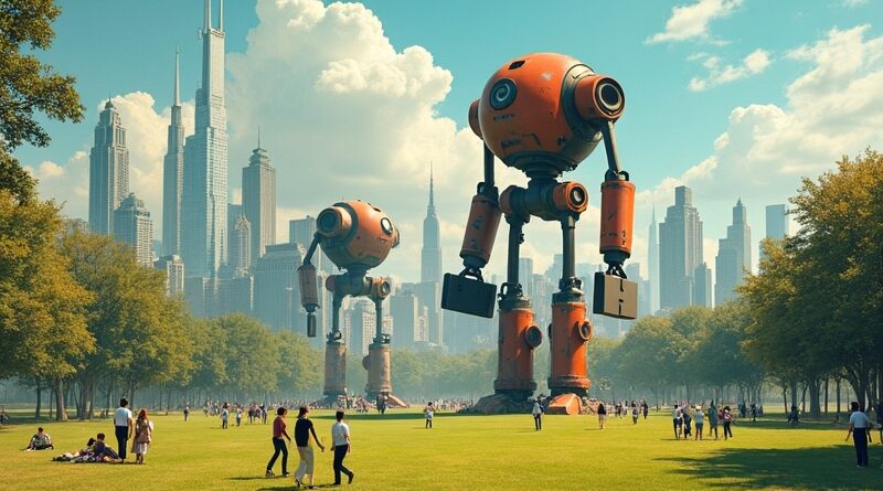 Steampunkowe roboty-wieżowce z teczkami rzucają cień na park z rodzinami w utopijnym mieście.