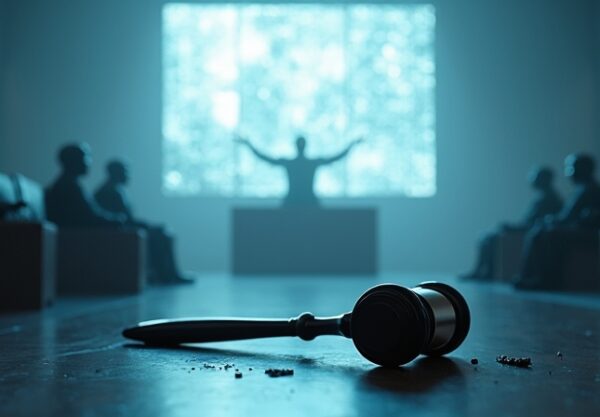 Futurystyczny sąd, AI sędziowie, hologram zamiast oskarżonego, złamany młotek. Koniec tradycyjnej sprawiedliwości i era zbrojeń SI.