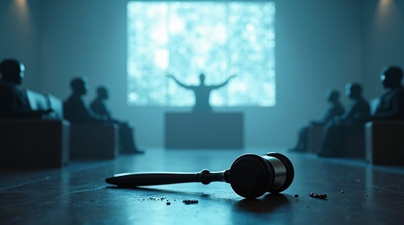 Futurystyczny sąd, AI sędziowie, hologram zamiast oskarżonego, złamany młotek. Koniec tradycyjnej sprawiedliwości i era zbrojeń SI.