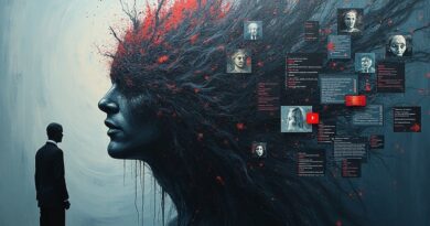 Abstrakcja olejowa: Bezimienna postać rozpuszcza się w kodzie pod wpływem manipulacji i cyfrowej agresji.