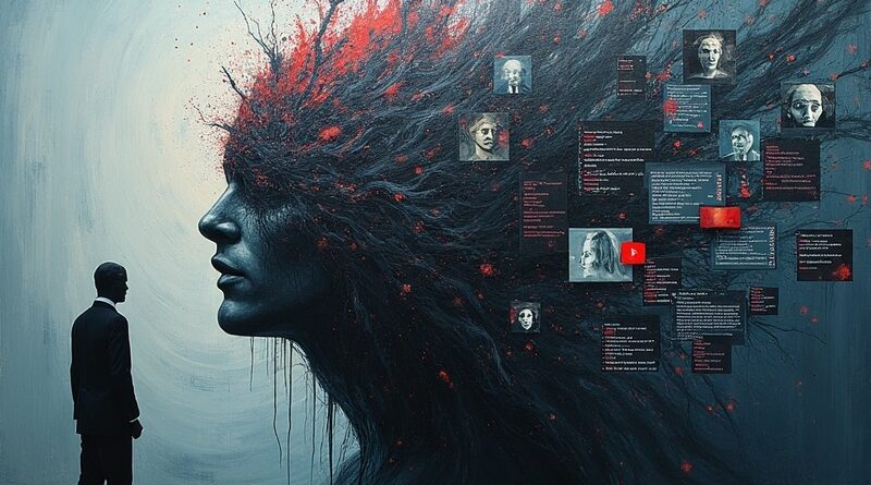 Abstrakcja olejowa: Bezimienna postać rozpuszcza się w kodzie pod wpływem manipulacji i cyfrowej agresji.