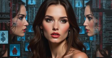 Cyfrowa kobieta udziela porad w podcaście, otoczona symbolami pieniędzy, złamanych serc i chaosem binarnym.