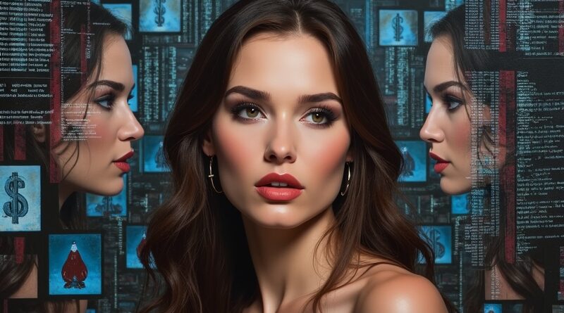 Cyfrowa kobieta udziela porad w podcaście, otoczona symbolami pieniędzy, złamanych serc i chaosem binarnym.