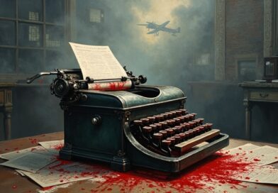 Melancholijna wizja: maszyna do pisania, krew zamieniająca się w cyfrowy kod w pixelowym newsroomie.